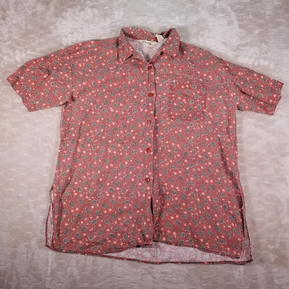 Women's Eddie Bauer Linen Button Up Shirt Sz Lg Paisley Short‎ Sleeve